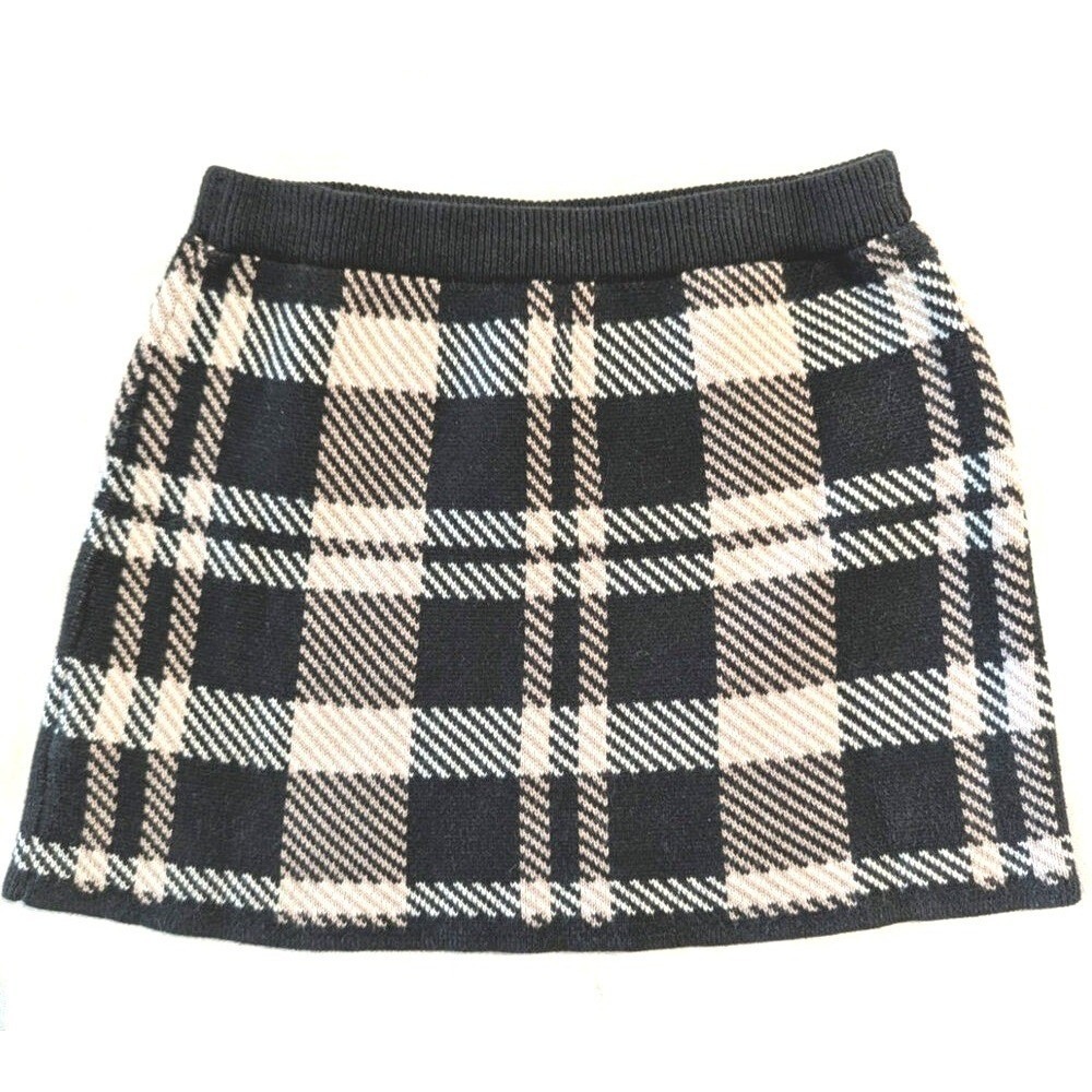 Girls Size 5 Black Beige Plaid Sweater Knit Skirt Pull-On Preppy Schoolcore